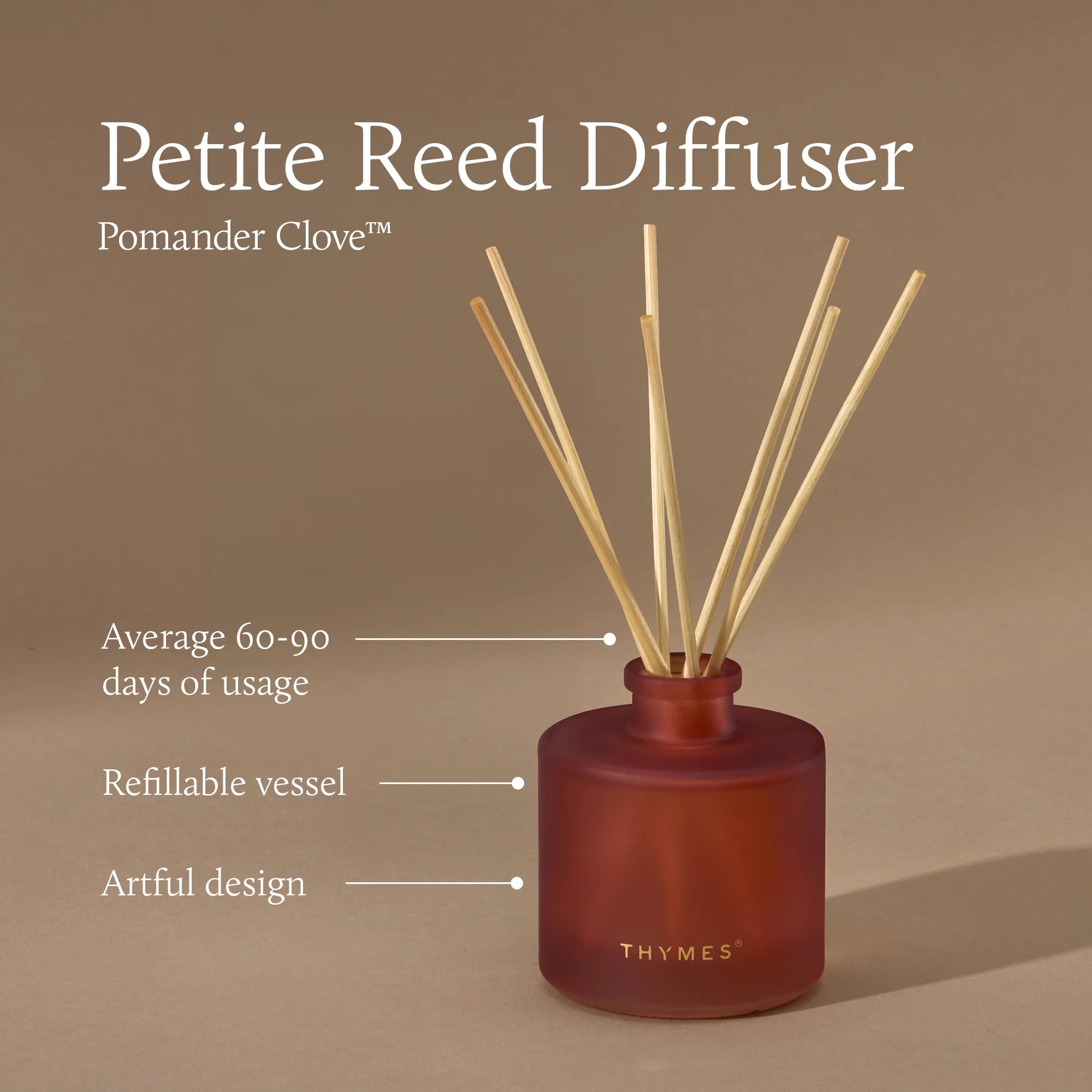 A frosted, matte, sienna orange reed diffuser bottle with inserted reed sticks