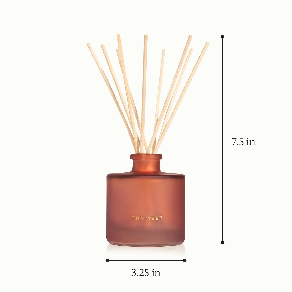 A frosted reed diffuser and inserted reeds with a height of 7.5 inches and a diameter of 3.25 inches.