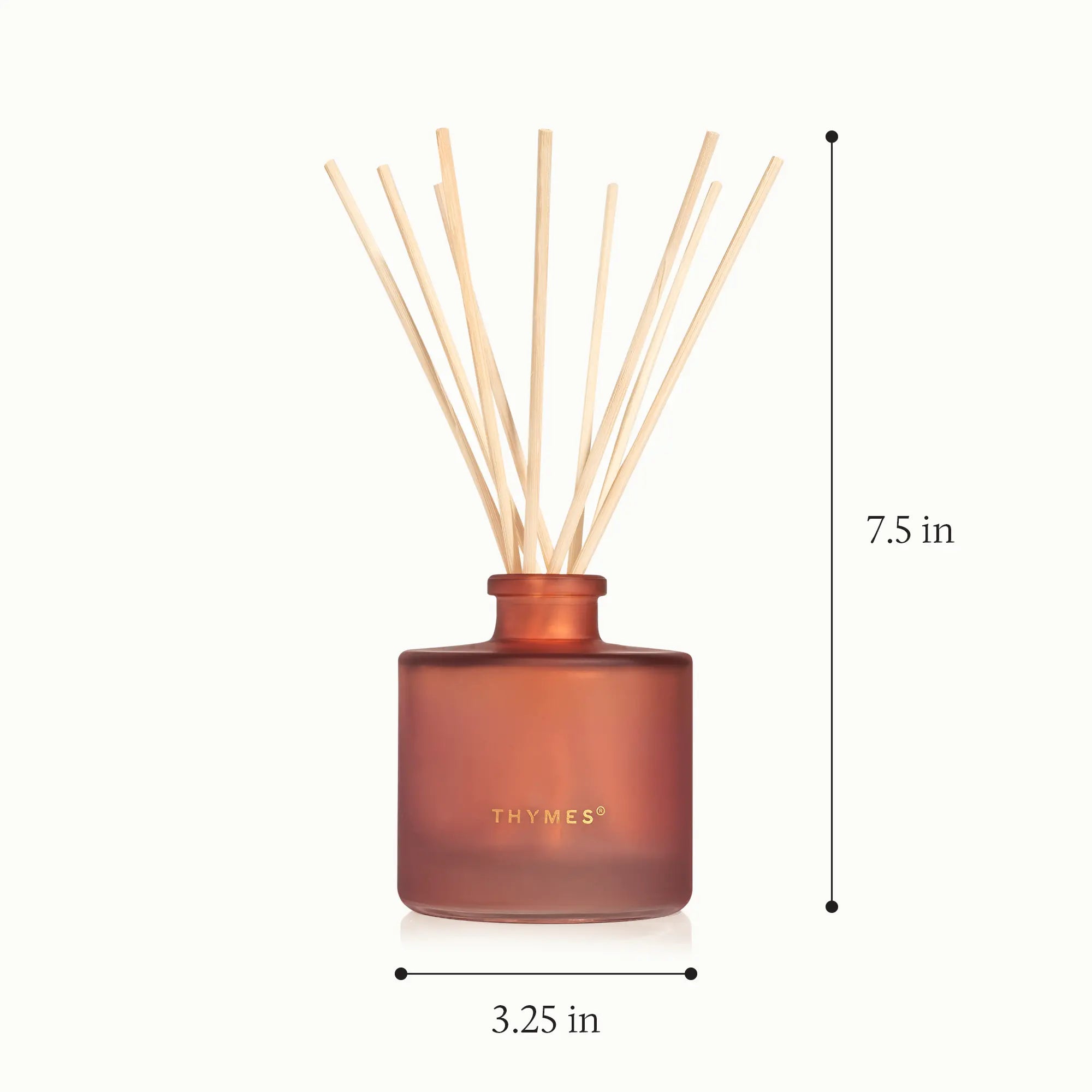 A frosted reed diffuser and inserted reeds with a height of 7.5 inches and a diameter of 3.25 inches.