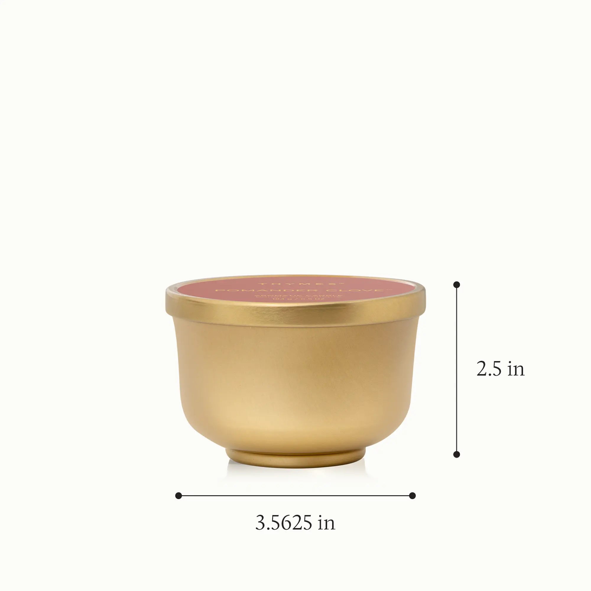 A metallic, gold finish candle tin with a height of 2.5 inches and a diameter of 3.5625 inches