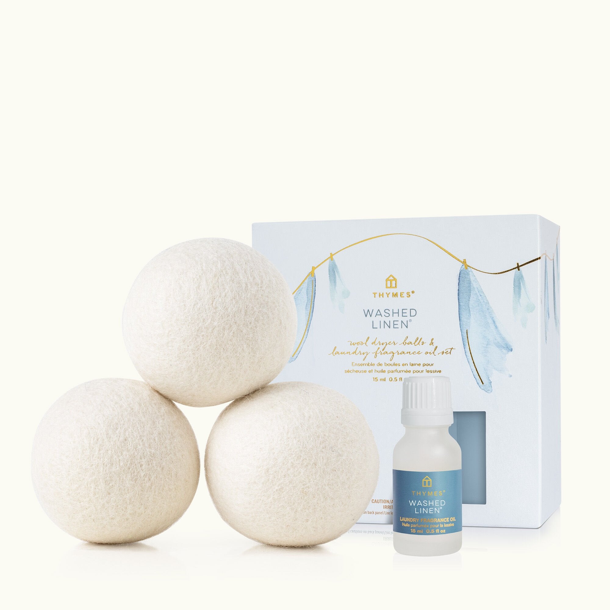 Thymes Washed Linen Wool Dryer Ball & Laundry Fragrance Set with Packaging