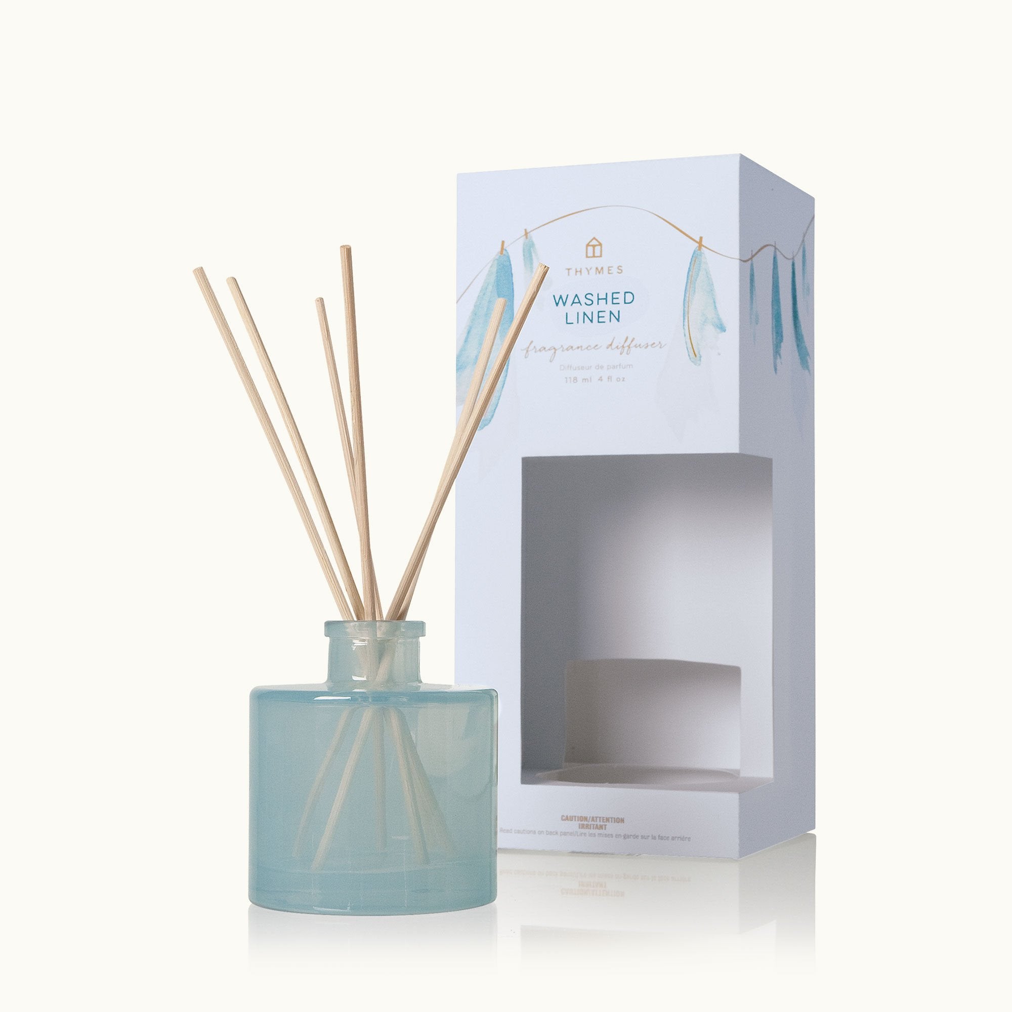 Thymes Washed Linen Petite Reed Diffuser with Rattan Reed and Blue Blown Glass