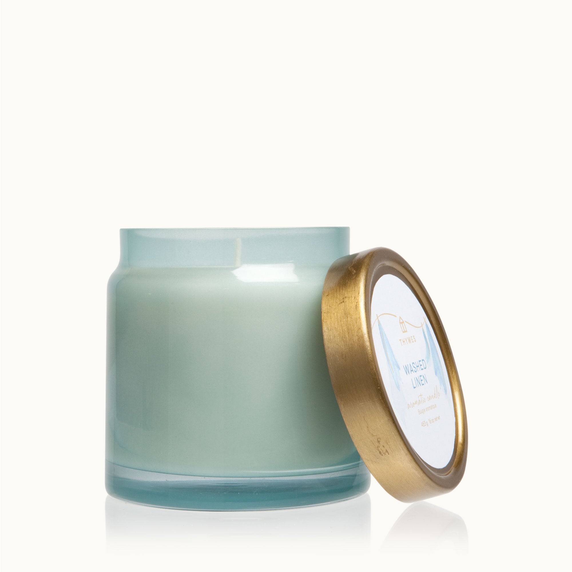 Thymes Washed Linen Statement Poured Candle in Decorative Sky Blue Glass