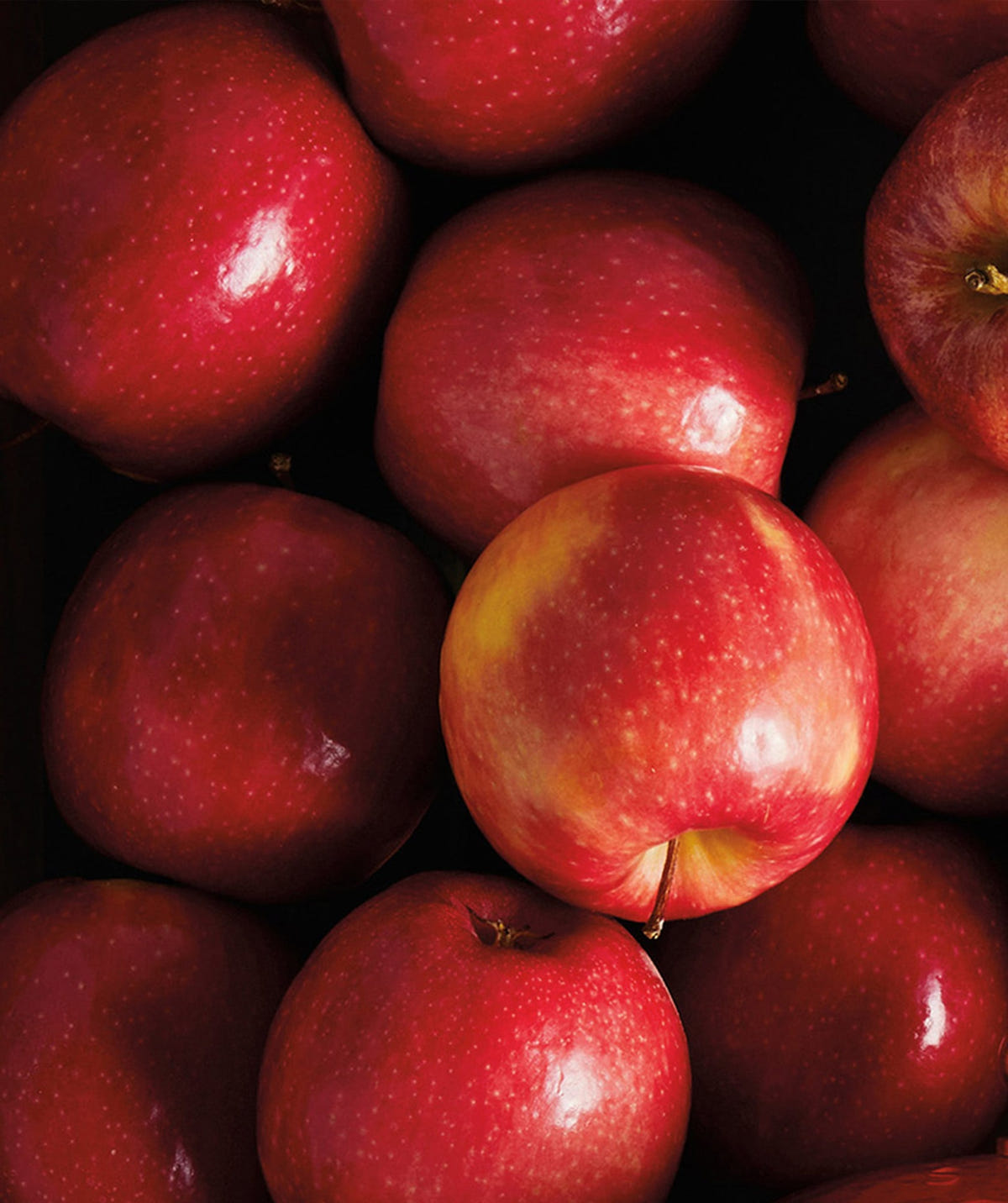 Various red apples piled on top of each other